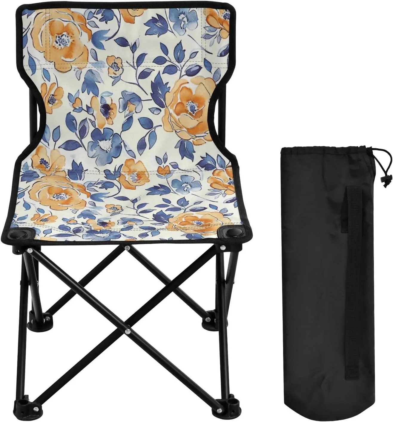 Blue Flowers Grass Portable Outdoor Folding Chair Anti-Slip Padded Oxford Cloth Stool Camping Chair Small for Beach Hiking Fishing Gardening Quad Camp Chair