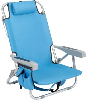 Blue Folding Beach Chair – Lightweight Low Profile Aluminum Chair with 5-Position Recline, Oxford Fabric, Cup Holder & Storage Pouch for Camping, Outdoor, Picnic