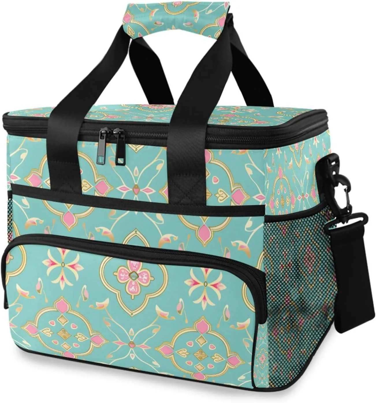 Blue Green Paisley Gold Flowers Cooler Bag Insulated Cooler Soft Sided Cooler 24 Can Portable Picnic Bag Large Leakproof Lunch Bag Box for Beach Grocery Camping Travel Car Men Women
