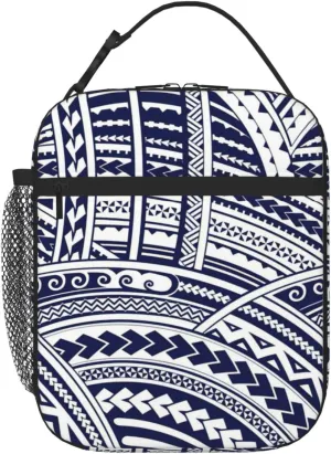 Blue Polynesian Maori Tribal Pattern Print Unisex Beach Insulated Cooler Lunch Bag For Work, Travel 8x4x 10in Lunch Boxes