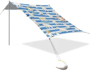 Blue White Striped Bear Designed UPF50 Foldable Beach Cabana Easy Setup Portable Sun Shelter Includes Sand Shovel, Sandbags, Stability Poles for Camping, Picnics, Backyard toldo para Playa