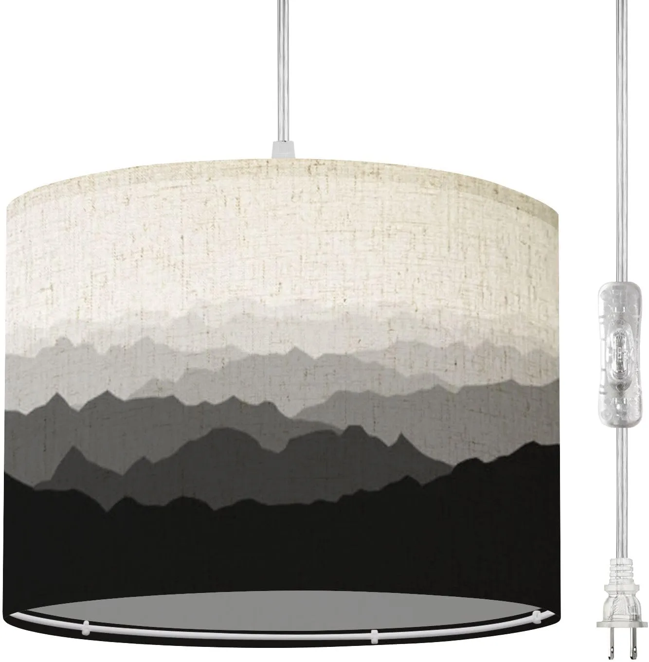Boho Plug in Pendant Light Black white mountain silhouettes Haze panoramic landscape view 16.4ft Hanging Light with Plug in Cord Dimmable Hanging Lamp with Fabric Shade for Kitchen Island