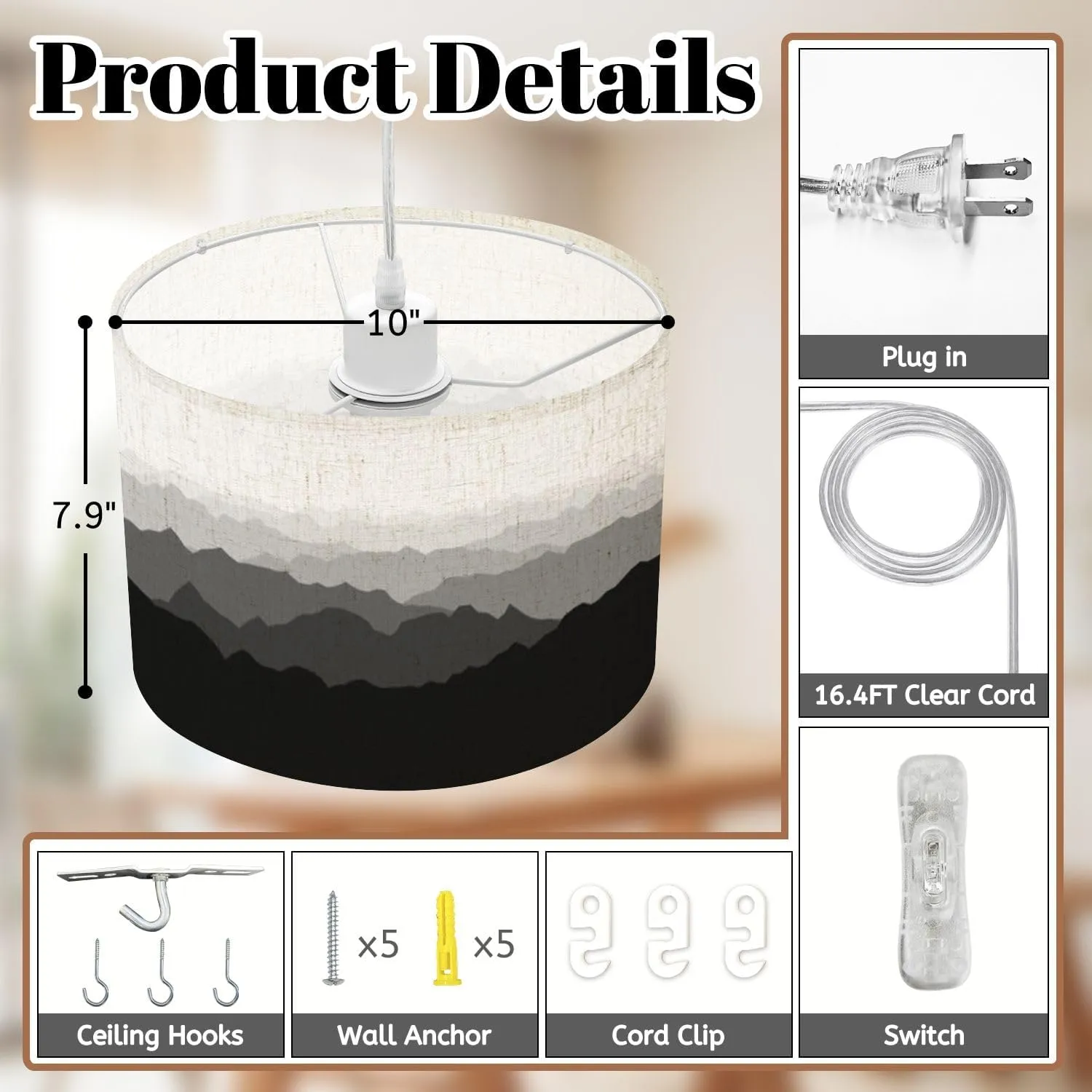 Boho Plug in Pendant Light Black white mountain silhouettes Haze panoramic landscape view 16.4ft Hanging Light with Plug in Cord Dimmable Hanging Lamp with Fabric Shade for Kitchen Island