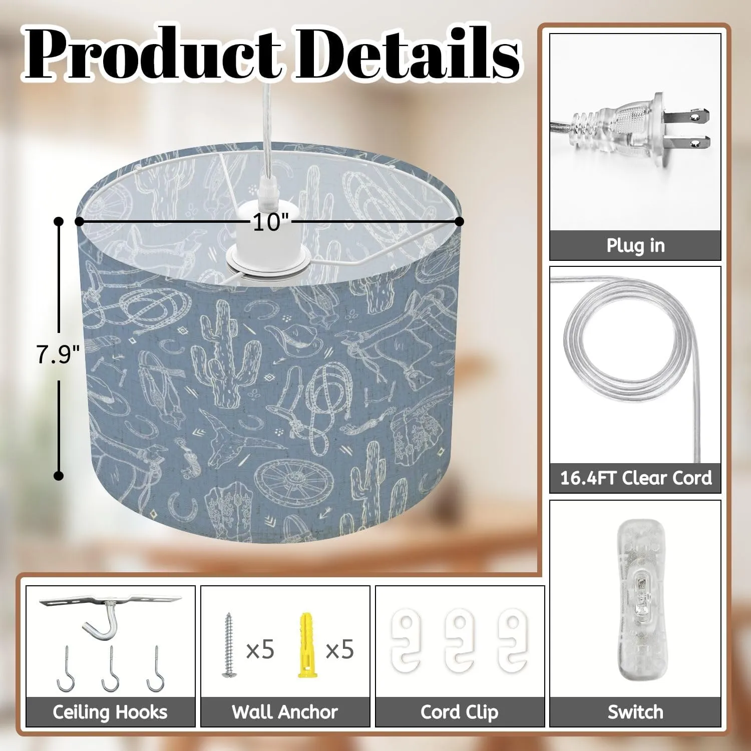 Boho Plug in Pendant Light Western style seamless light blue line drawing cactus wheel horseshoe 16.4ft Hanging Light with Plug in Cord Dimmable Hanging Lamp with Fabric Shade for Kitchen Island