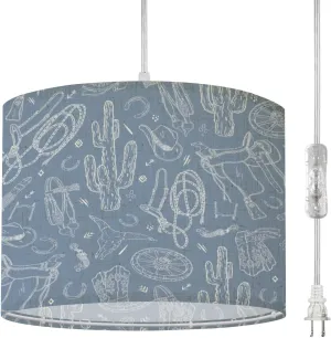 Boho Plug in Pendant Light Western style seamless light blue line drawing cactus wheel horseshoe 16.4ft Hanging Light with Plug in Cord Dimmable Hanging Lamp with Fabric Shade for Kitchen Island