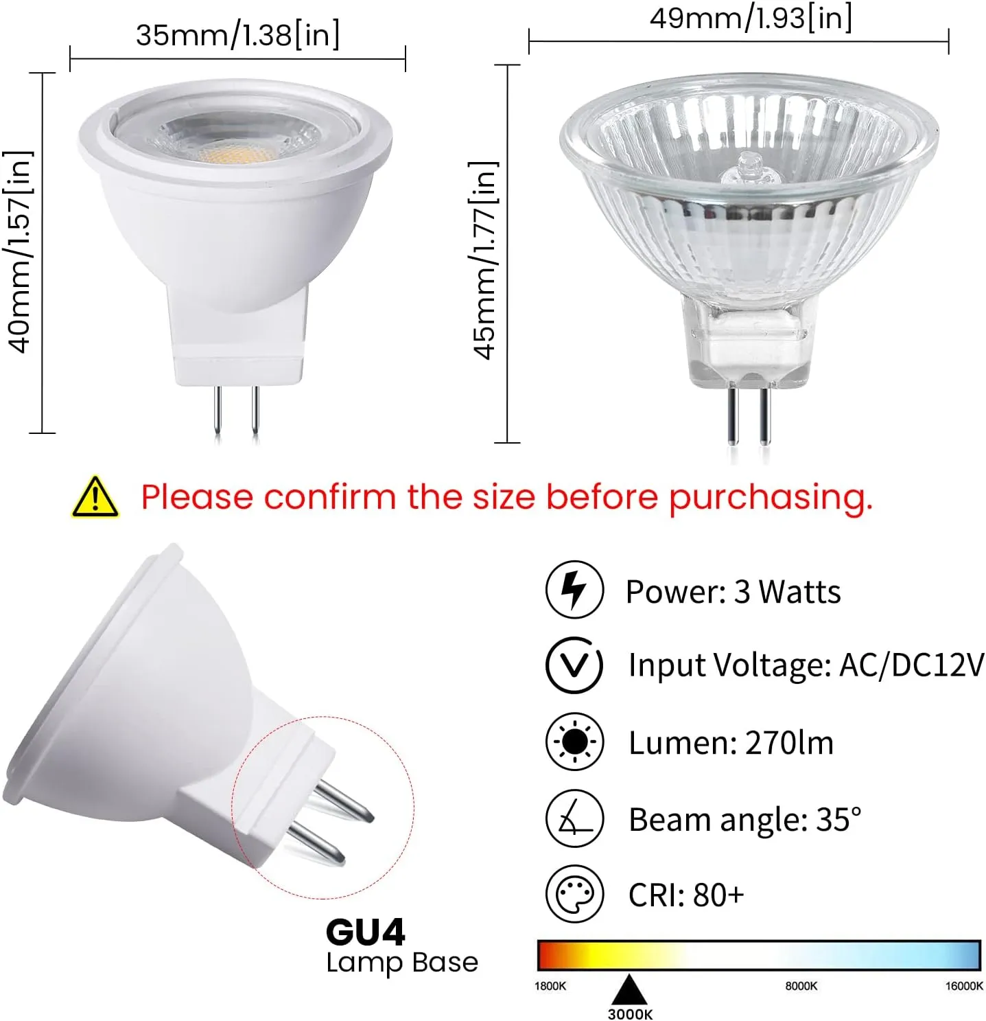 Bonlux MR11 LED Bulb 3W 12V AC/DC Low Voltage LED Spotlights,GU4 Bi-Pin Base 25W Halogen Equivalent 270lm for Landscape Accent Recessed Track Lights and Fiber Optics (Warm White 3000K, 6-Pack)