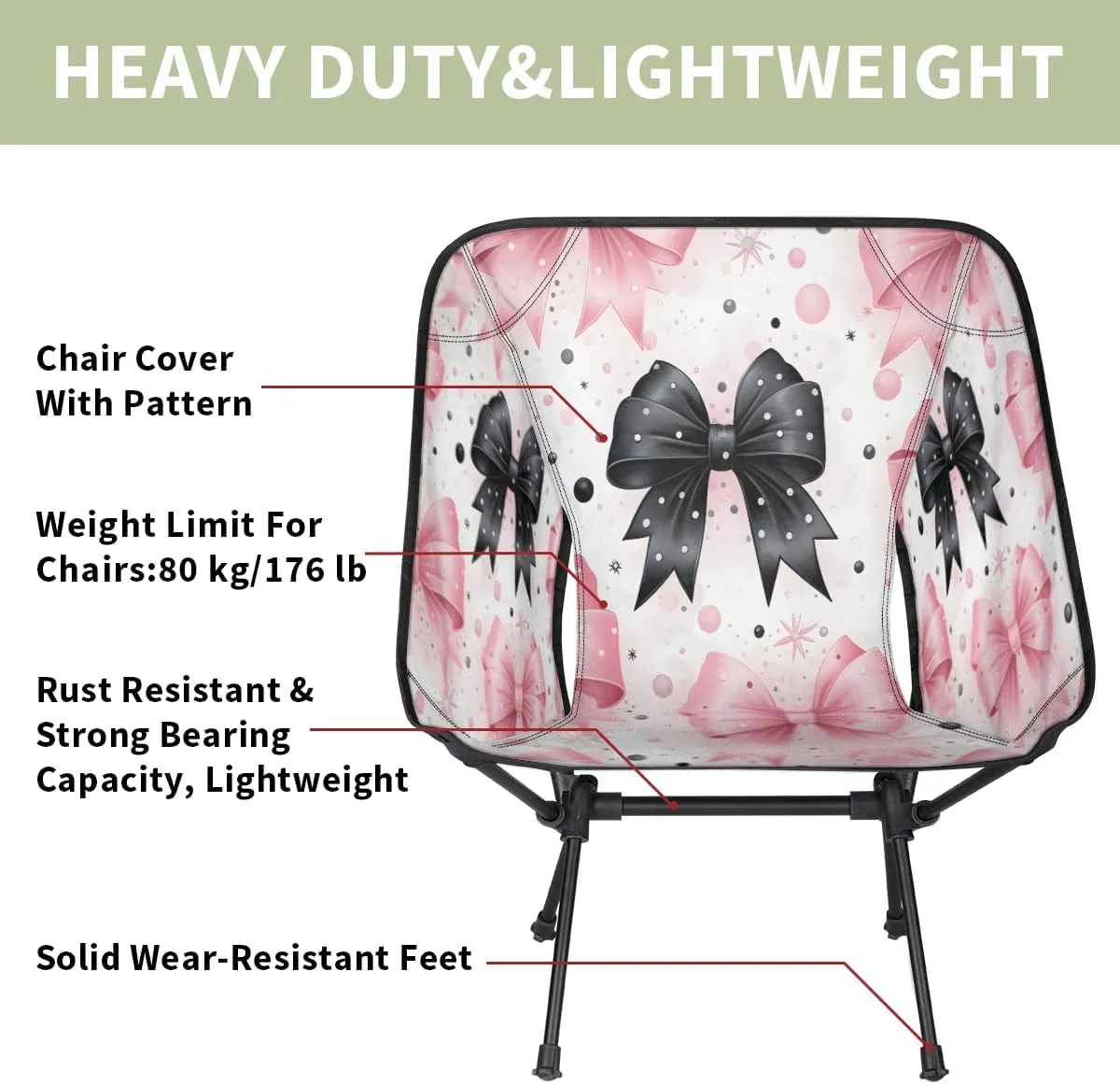 Bow Tie Pinks Black Portable Camping Chair Lightweight Folding Backpacking Chair, Compact Foldable Beach Seat with Carry Bag for Outdoor Hiking Fishing Travel