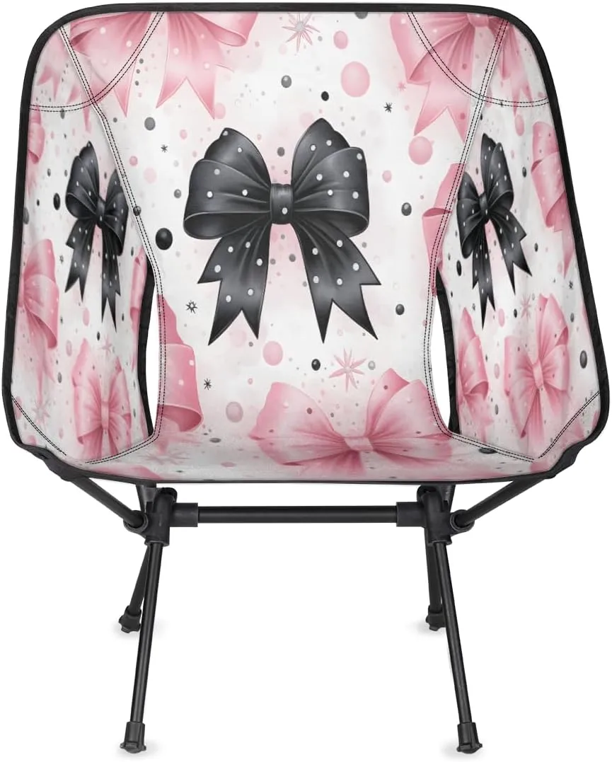 Bow Tie Pinks Black Portable Camping Chair Lightweight Folding Backpacking Chair, Compact Foldable Beach Seat with Carry Bag for Outdoor Hiking Fishing Travel