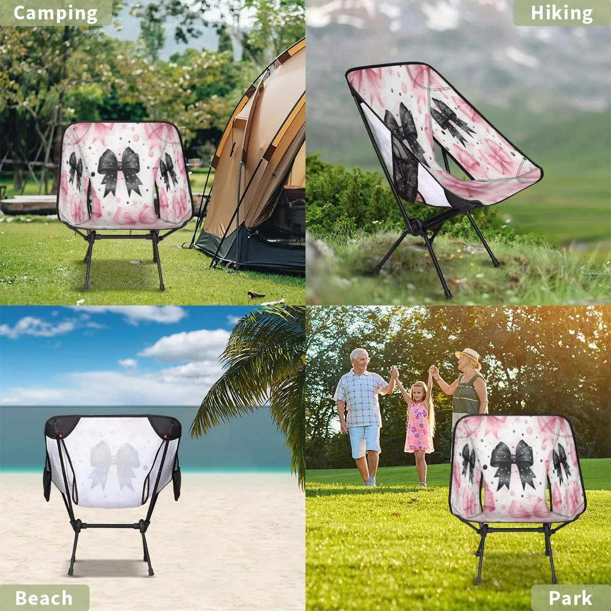 Bow Tie Pinks Black Portable Camping Chair Lightweight Folding Backpacking Chair, Compact Foldable Beach Seat with Carry Bag for Outdoor Hiking Fishing Travel