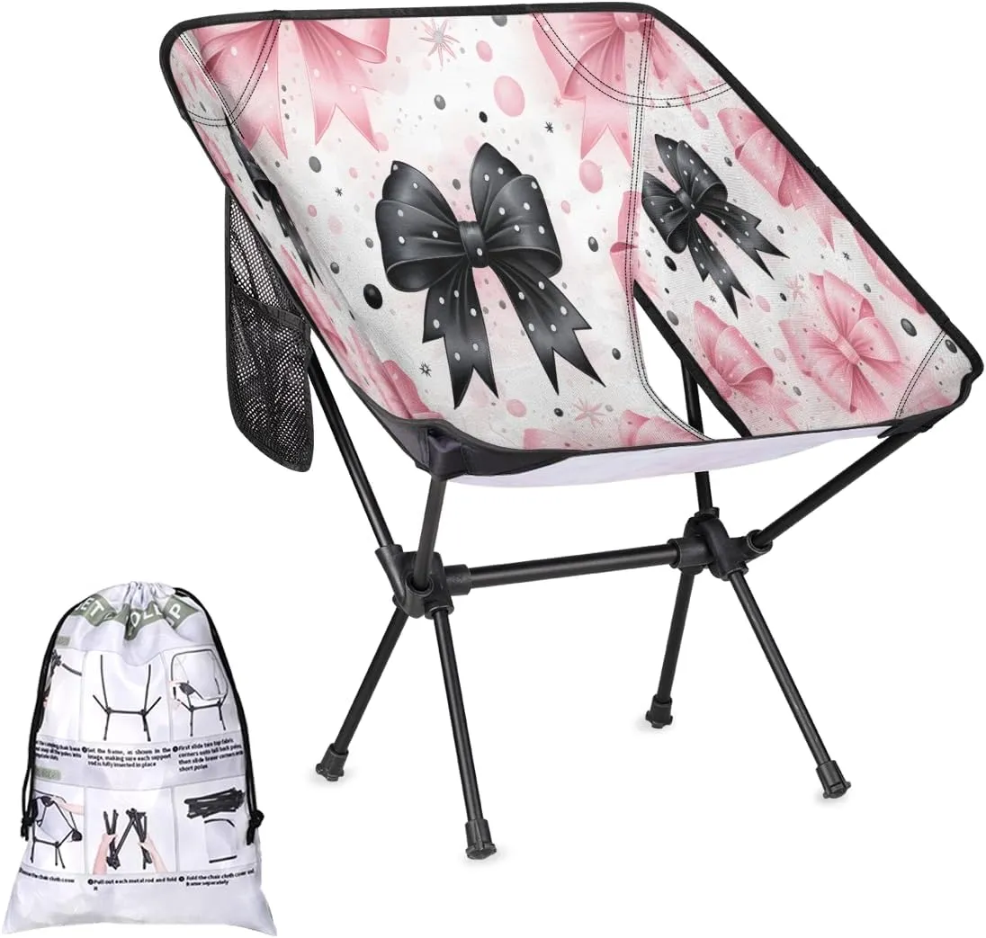 Bow Tie Pinks Black Portable Camping Chair Lightweight Folding Backpacking Chair, Compact Foldable Beach Seat with Carry Bag for Outdoor Hiking Fishing Travel