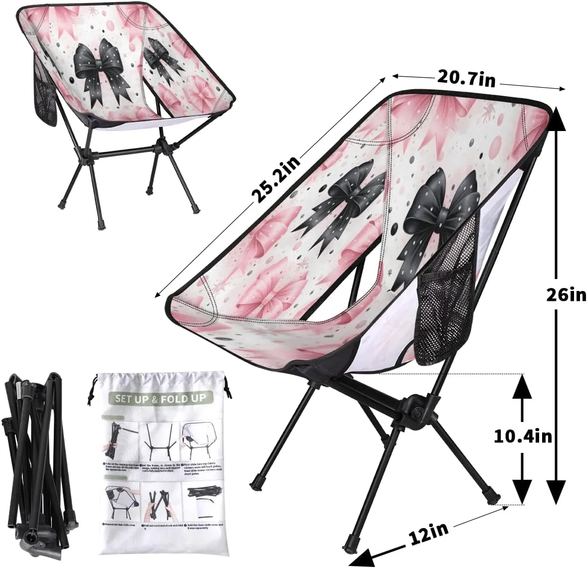 Bow Tie Pinks Black Portable Camping Chair Lightweight Folding Backpacking Chair, Compact Foldable Beach Seat with Carry Bag for Outdoor Hiking Fishing Travel