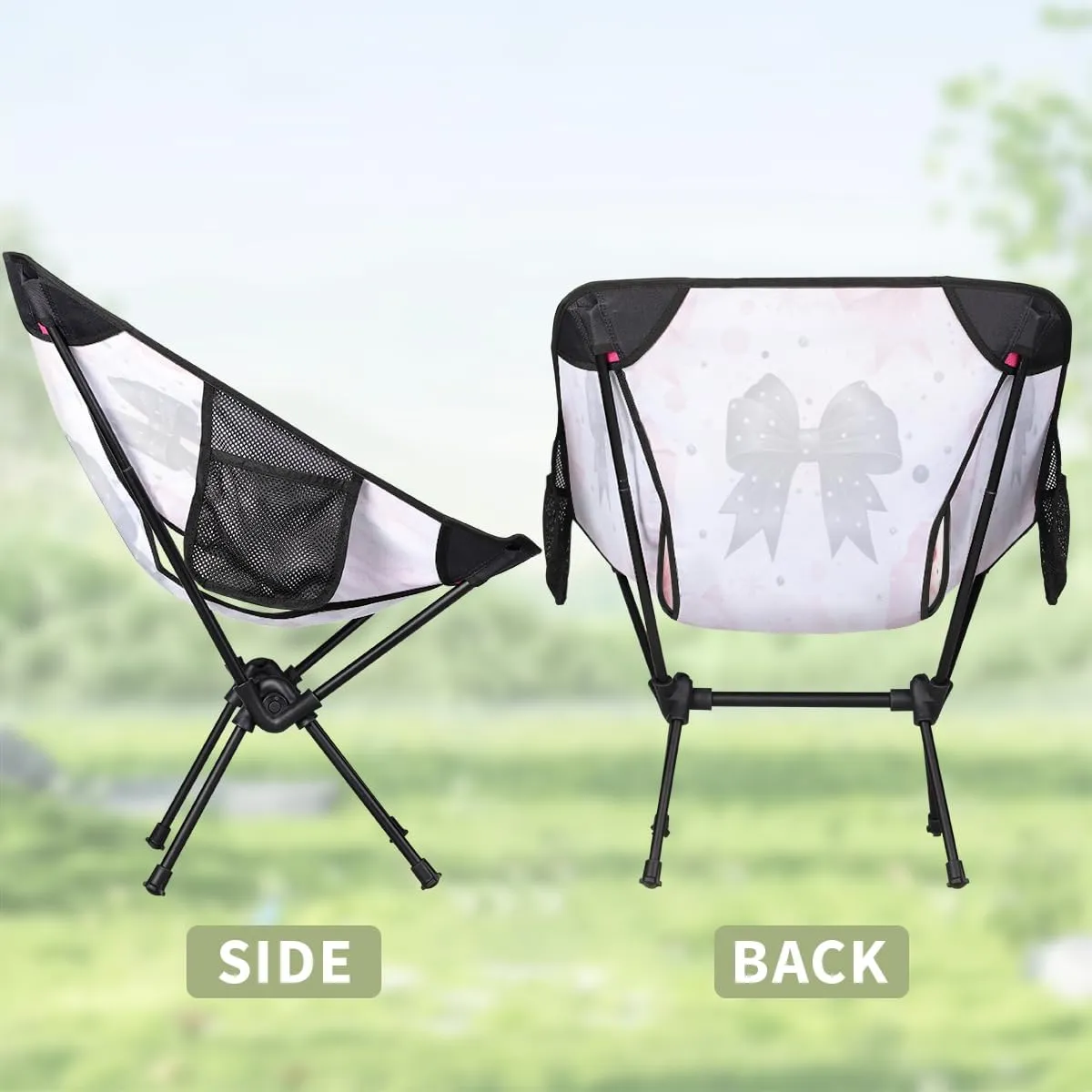 Bow Tie Pinks Black Portable Camping Chair Lightweight Folding Backpacking Chair, Compact Foldable Beach Seat with Carry Bag for Outdoor Hiking Fishing Travel