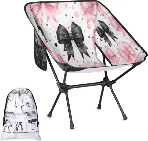 Bow Tie Pinks Black Portable Camping Chair Lightweight Folding Backpacking Chair, Compact Foldable Beach Seat with Carry Bag for Outdoor Hiking Fishing Travel