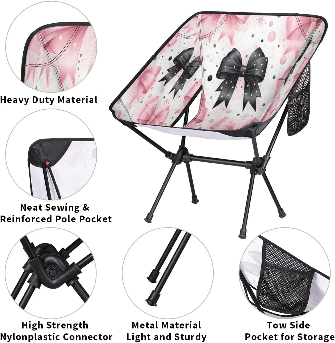 Bow Tie Pinks Black Portable Camping Chair Lightweight Folding Backpacking Chair, Compact Foldable Beach Seat with Carry Bag for Outdoor Hiking Fishing Travel