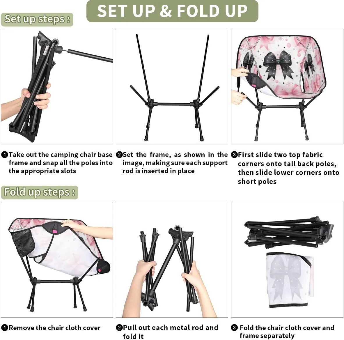Bow Tie Pinks Black Portable Camping Chair Lightweight Folding Backpacking Chair, Compact Foldable Beach Seat with Carry Bag for Outdoor Hiking Fishing Travel