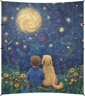 Boy and Dog Stars Moon Dreamy Foldable Beach Canopy UPF50  Lightweight Sun Shade with Sand Shovel for Camping, Fishing, Backyard Fun
