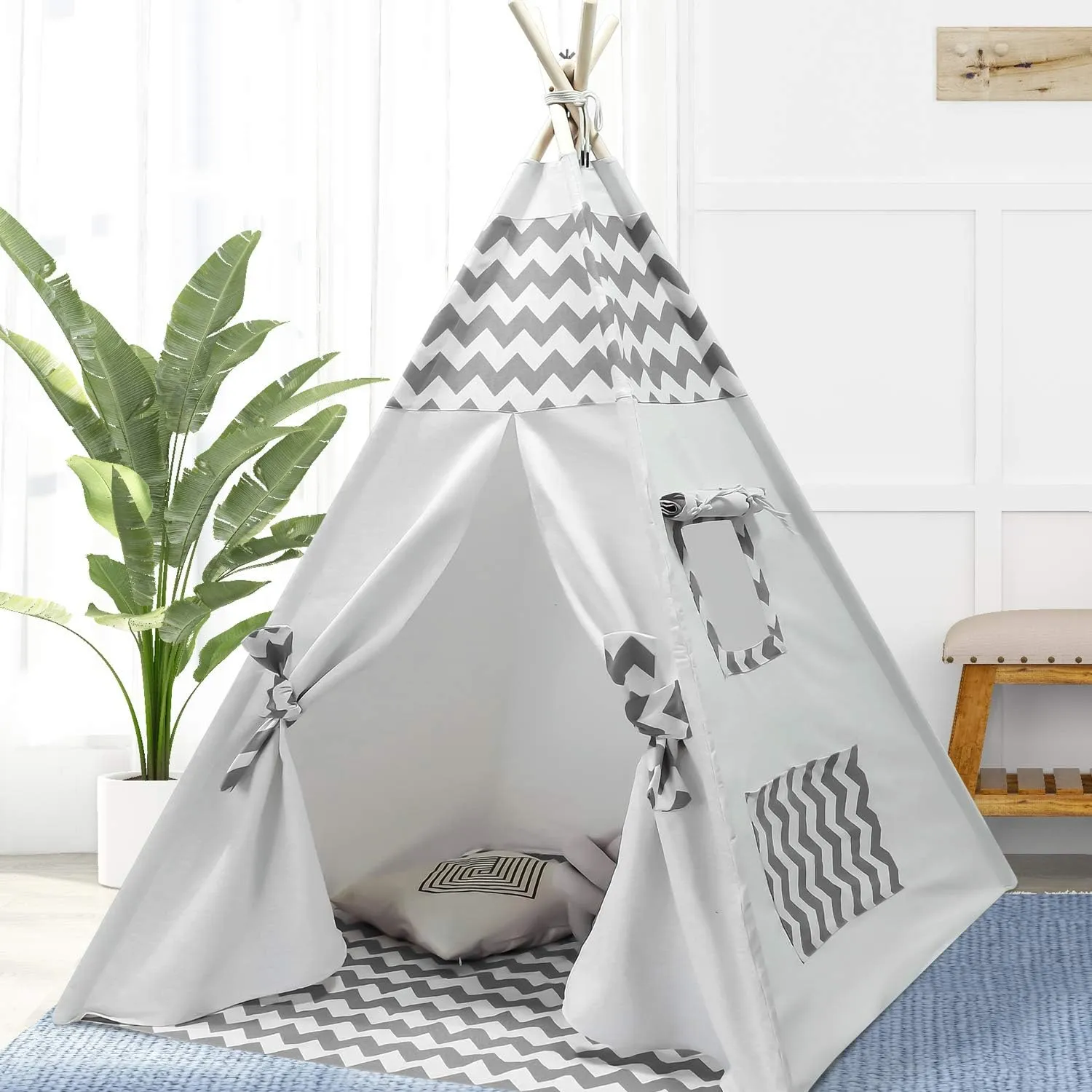Boys Teepee Tent for Kids Teepee Baby Teepees for Boys Girls Baby Kids Tent Indoor Tepee Grey Chevron Tepees Toddler Tent with Floor & Carry Case