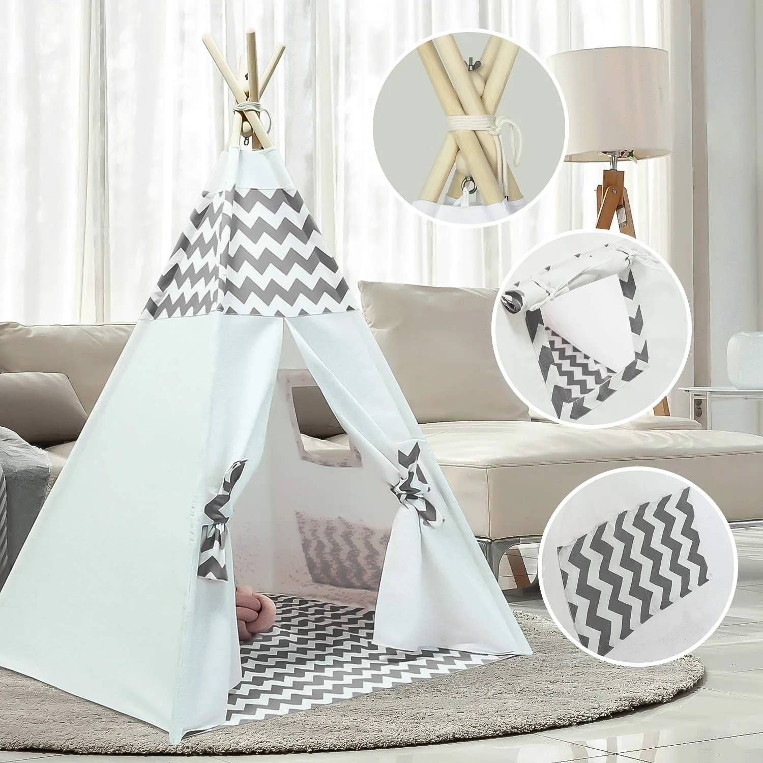 Boys Teepee Tent for Kids Teepee Baby Teepees for Boys Girls Baby Kids Tent Indoor Tepee Grey Chevron Tepees Toddler Tent with Floor & Carry Case