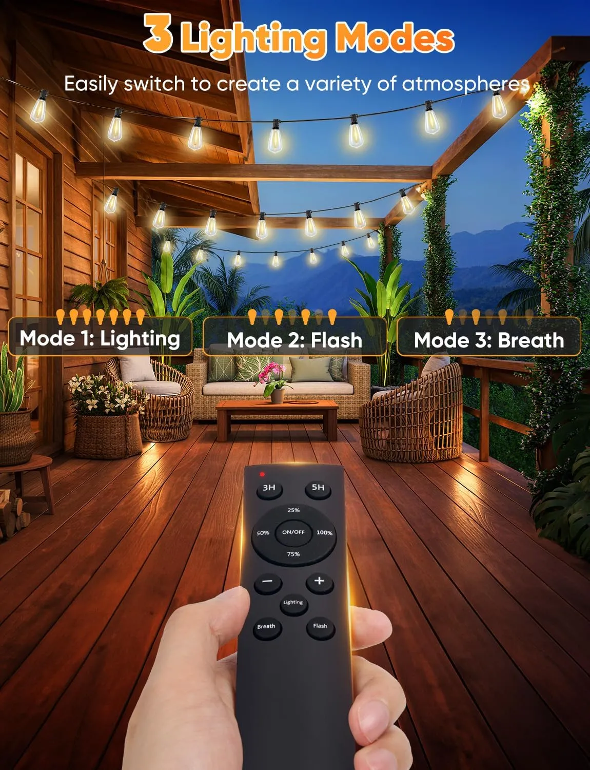 Brightever 120FT LED Outdoor String Lights with Remote, Patio Lights Outdoor Waterproof with 36 2 Shatterproof ST38 LED Bulbs, Dimmable Outside Hanging Light for Porch, Garden, Backyard, Cafe, 2700K