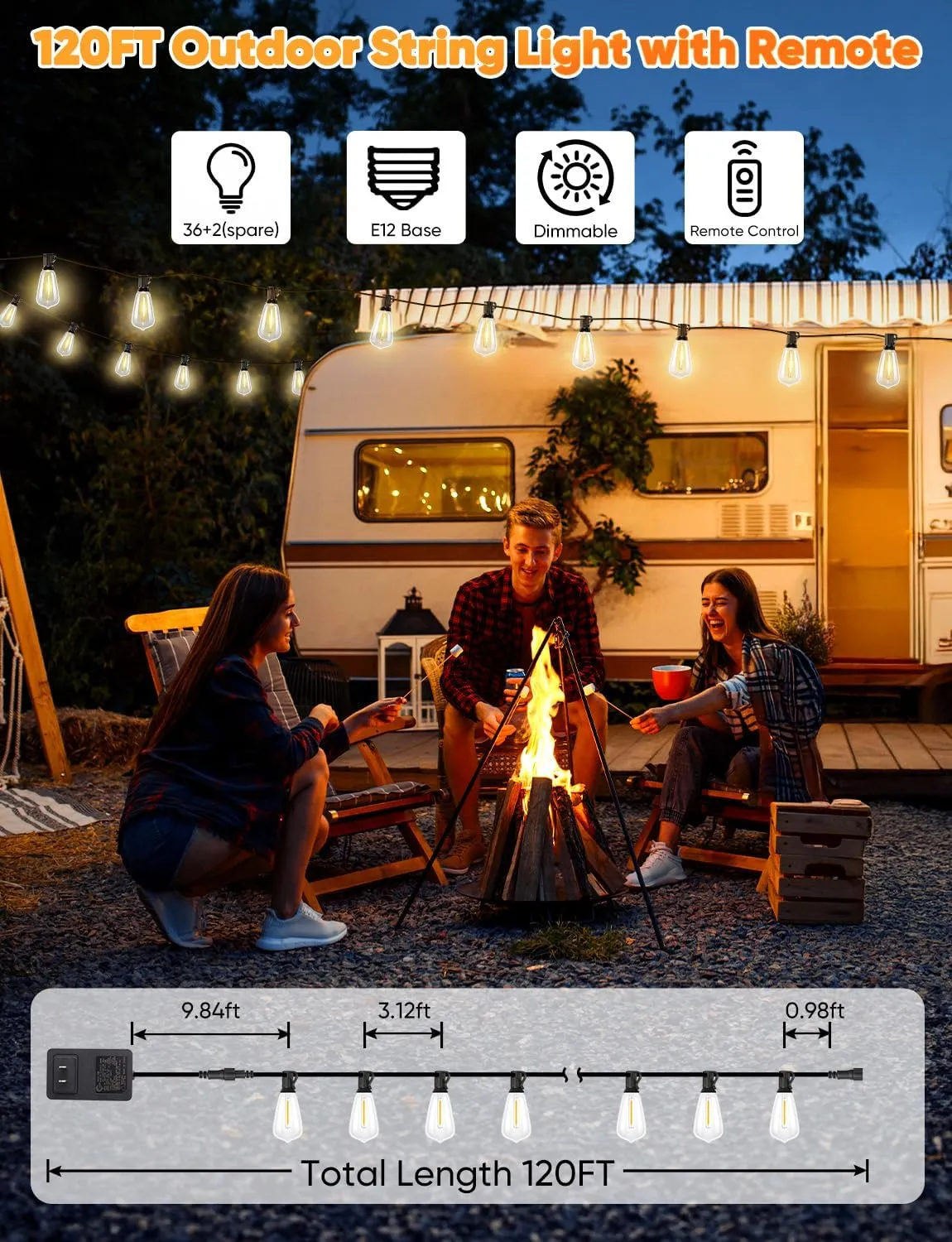 Brightever 120FT LED Outdoor String Lights with Remote, Patio Lights Outdoor Waterproof with 36 2 Shatterproof ST38 LED Bulbs, Dimmable Outside Hanging Light for Porch, Garden, Backyard, Cafe, 2700K