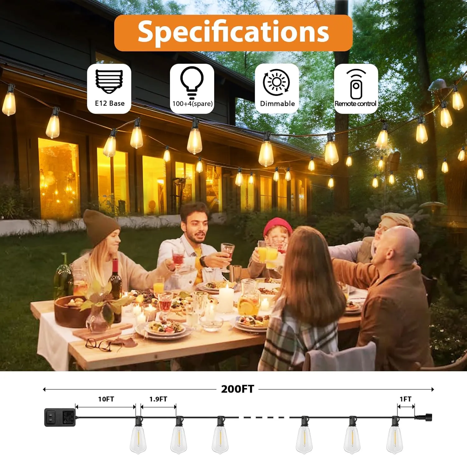 Brightever 200FT Outdoor String Lights with Remote, 2700K/4000K/5000K Selectable LED String Lights for Outside with 100 4 ST38 Edison Bulbs, 3 Modes Dimmable Patio Lights Waterproof for Camping, Deck