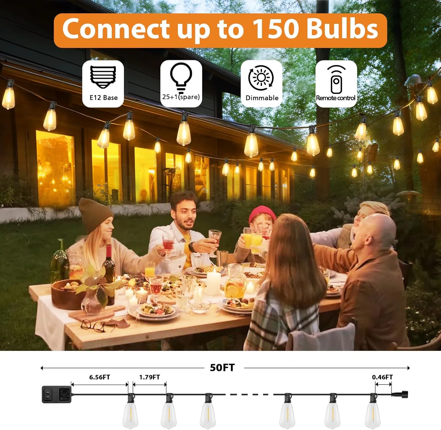 Brightever Dimmable Outdoor String Lights with Remote, 3 Colors in 1 LED Patio Light for Outside with 25 1 ST38 Edison Bulbs, 50FT 3 Modes Gazebo Lighting Waterproof for Camping, 2700K/4000K/5000K