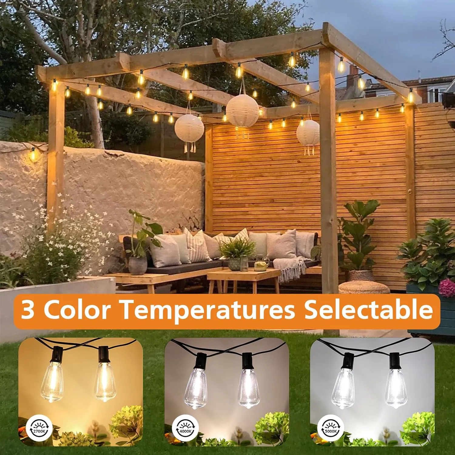 Brightever Dimmable Outdoor String Lights with Remote, 3 Colors in 1 LED Patio Light for Outside with 25 1 ST38 Edison Bulbs, 50FT 3 Modes Gazebo Lighting Waterproof for Camping, 2700K/4000K/5000K