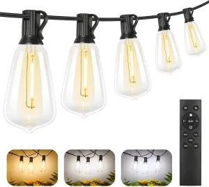 Brightever Dimmable Outdoor String Lights with Remote, 3 Colors in 1 LED Patio Light for Outside with 25 1 ST38 Edison Bulbs, 50FT 3 Modes Gazebo Lighting Waterproof for Camping, 2700K/4000K/5000K