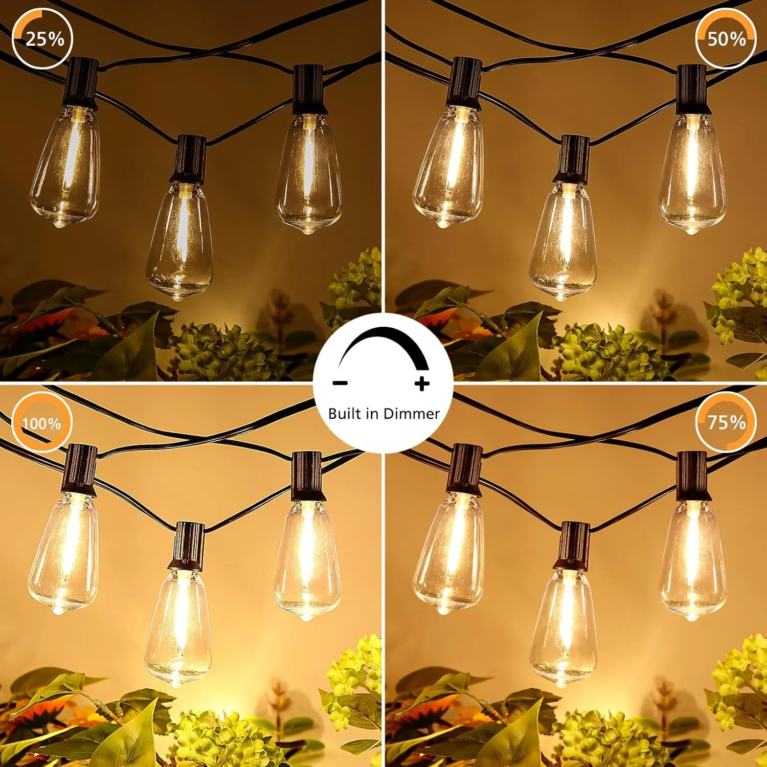 Brightever Dimmable Outdoor String Lights with Remote, 3 Colors in 1 LED Patio Light for Outside with 25 1 ST38 Edison Bulbs, 50FT 3 Modes Gazebo Lighting Waterproof for Camping, 2700K/4000K/5000K