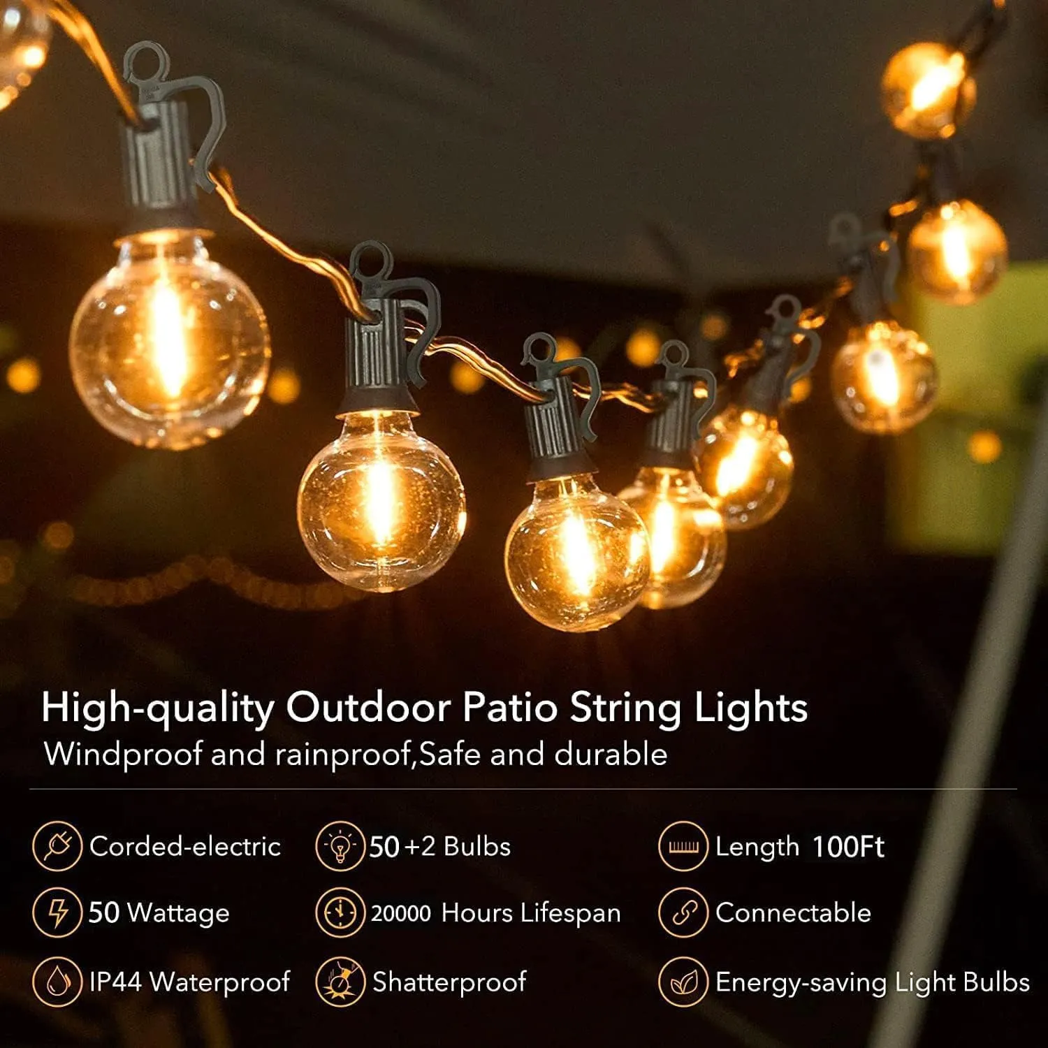 Brightown Outdoor String Lights - 100 FT Patio Lights with 50 LED G40 Globe Plastic Bulbs, All Weatherproof Connectable Commercial Hanging Light for Outside Backyard Porch Cafe