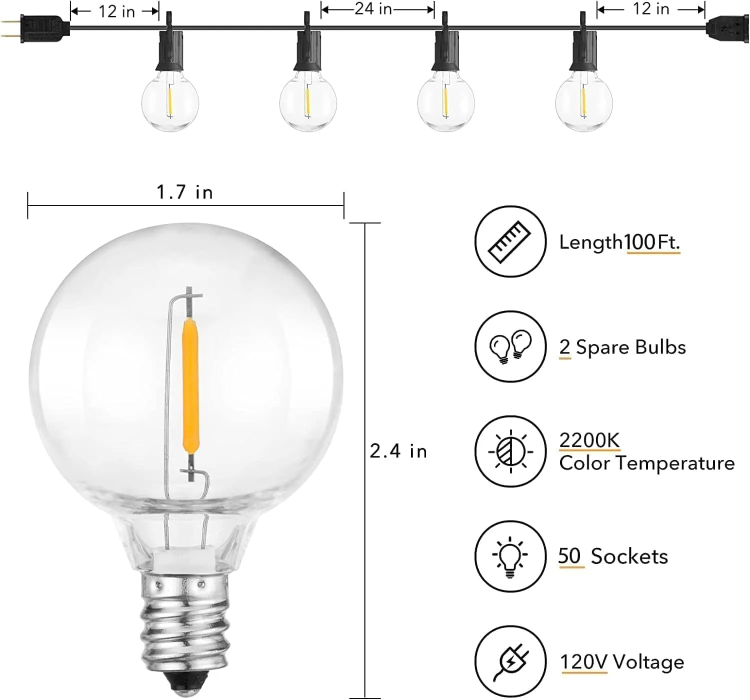 Brightown Outdoor String Lights - 100 FT Patio Lights with 50 LED G40 Globe Plastic Bulbs, All Weatherproof Connectable Commercial Hanging Light for Outside Backyard Porch Cafe