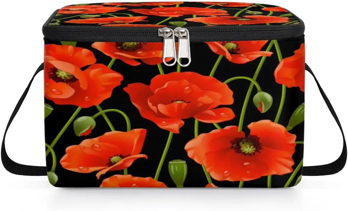 Budxapjw Beautiful Poppy Womens Lunch Bag with Shoulder Strap Water Droplets Reusable Men Sports Insulated Lunch Box Leakproof Cooler Tote Bag for Office Picnic Hiking Beach