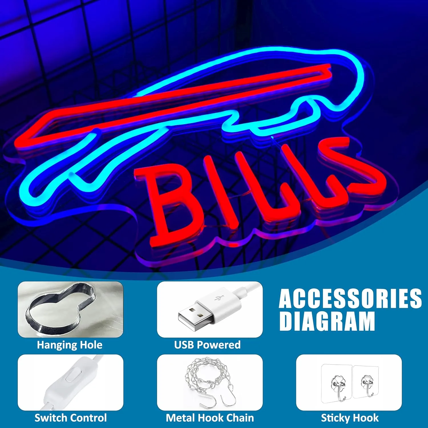 Buffalo Neon Signs Football LED Neon Lights Signs for Wall Decor USB Powered Sports Team Neon Wall Light Sign for Man Cave Beer Bar Pub Boys & Teens Room Decor