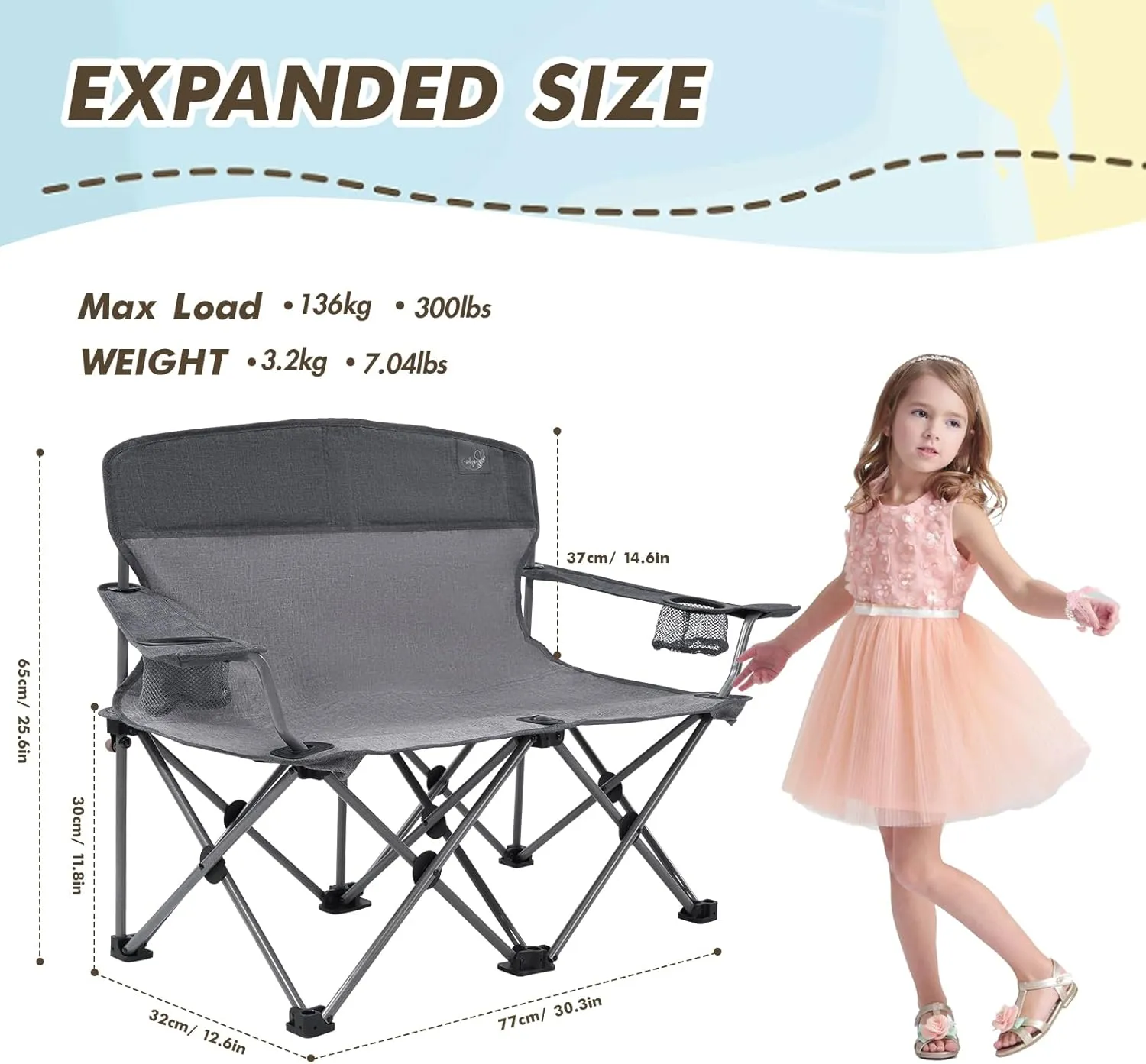 Busy Bee Kids Camping Chair, 30.3" Wide Loveseat, Perfect Child Couch for Home Movie Nights, Patios, or Picnics, Adjustable Arms, Cup Holders and Anti-Collapse Lock, Supports up to 300 Lbs.