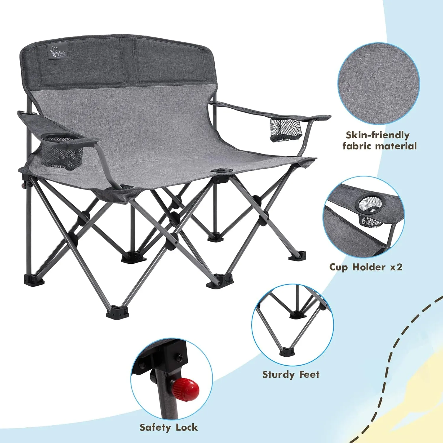 Busy Bee Kids Camping Chair, 30.3" Wide Loveseat, Perfect Child Couch for Home Movie Nights, Patios, or Picnics, Adjustable Arms, Cup Holders and Anti-Collapse Lock, Supports up to 300 Lbs.