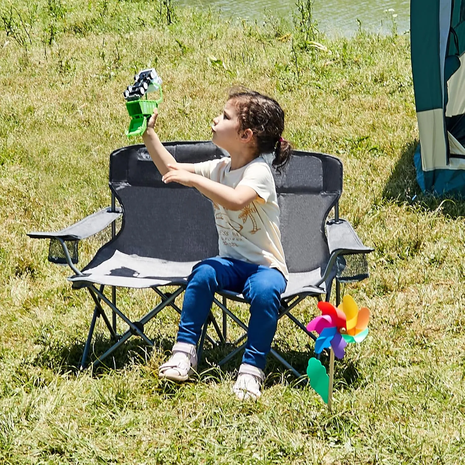 Busy Bee Kids Camping Chair, 30.3" Wide Loveseat, Perfect Child Couch for Home Movie Nights, Patios, or Picnics, Adjustable Arms, Cup Holders and Anti-Collapse Lock, Supports up to 300 Lbs.