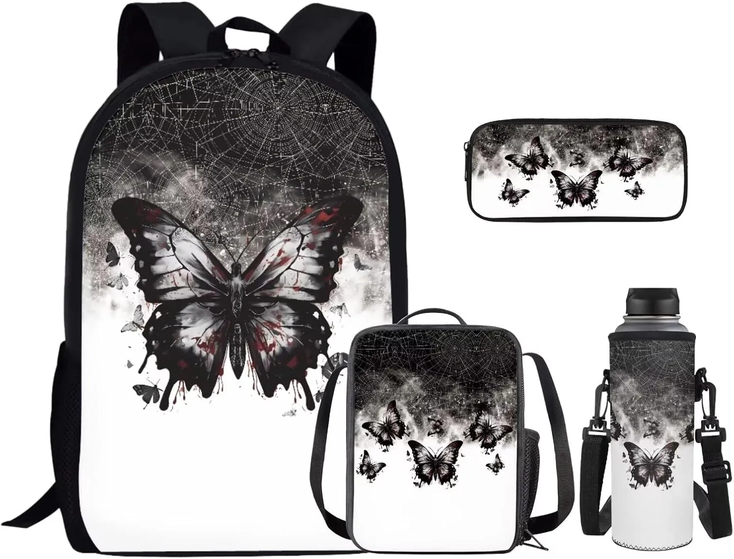 Butterfly Print Backpack School Set 4Pcs with Lunch Bag Pen Bag Set and Water Bottle Case Cover Kids Backpack for Girls 8-10 Toddler Bookbag Portable Lunch Bag Kindergarten