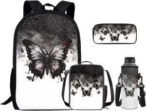 Butterfly Print Backpack School Set 4Pcs with Lunch Bag Pen Bag Set and Water Bottle Case Cover Kids Backpack for Girls 8-10 Toddler Bookbag Portable Lunch Bag Kindergarten