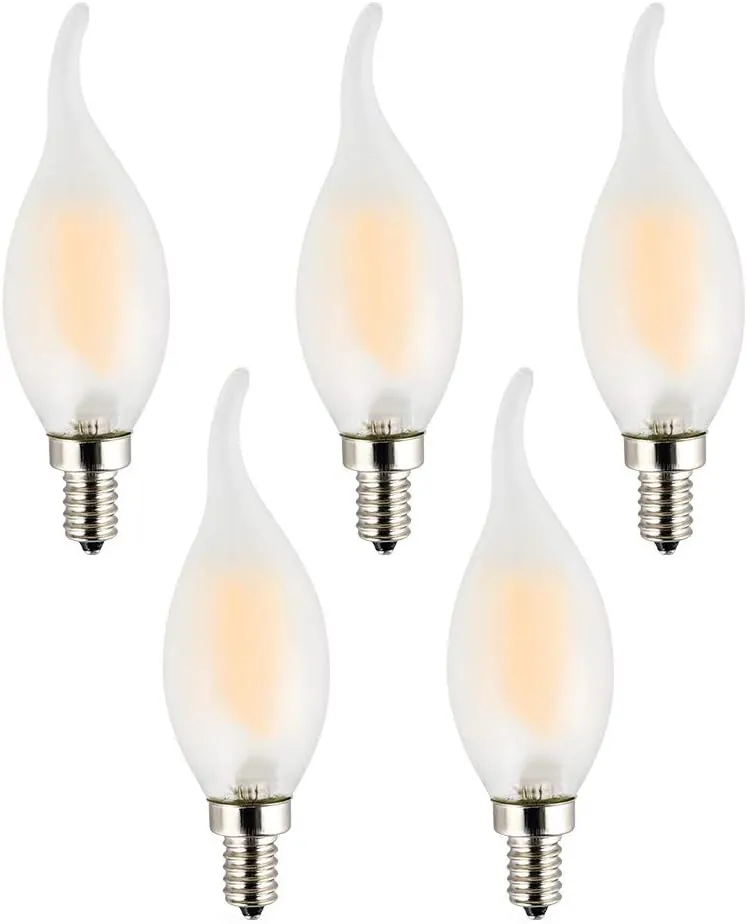 C35 2W(25W Incandescent Equivalent) LED Candelabra Bulb, Dimmable, LED Filament Lamp, Warm White Light 2700K, Frosted Glass Cover, E12 Small Base, Flame Tip, 5-Pack