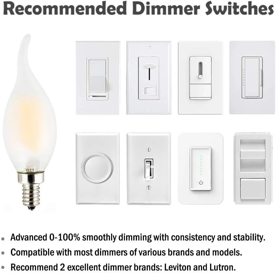 C35 2W(25W Incandescent Equivalent) LED Candelabra Bulb, Dimmable, LED Filament Lamp, Warm White Light 2700K, Frosted Glass Cover, E12 Small Base, Flame Tip, 5-Pack