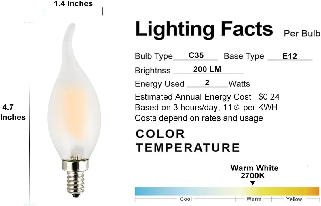 C35 2W(25W Incandescent Equivalent) LED Candelabra Bulb, Dimmable, LED Filament Lamp, Warm White Light 2700K, Frosted Glass Cover, E12 Small Base, Flame Tip, 5-Pack
