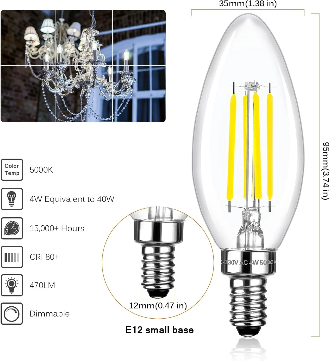 C35 Dimmable LED Candle Light Bulbs 40 Watt Equivalent, 5000K Daylight White, 470 Lumens, E12 4W B11 Ceiling Fan and Chandelier Light Bulbs, 12 Pack