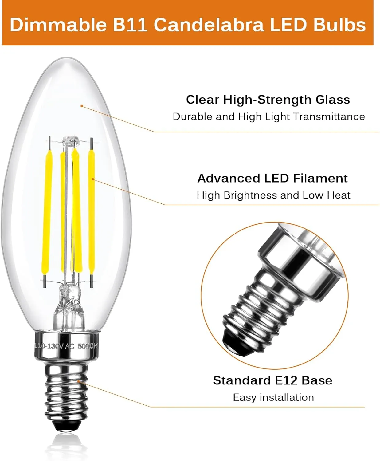 C35 Dimmable LED Candle Light Bulbs 40 Watt Equivalent, 5000K Daylight White, 470 Lumens, E12 4W B11 Ceiling Fan and Chandelier Light Bulbs, 12 Pack