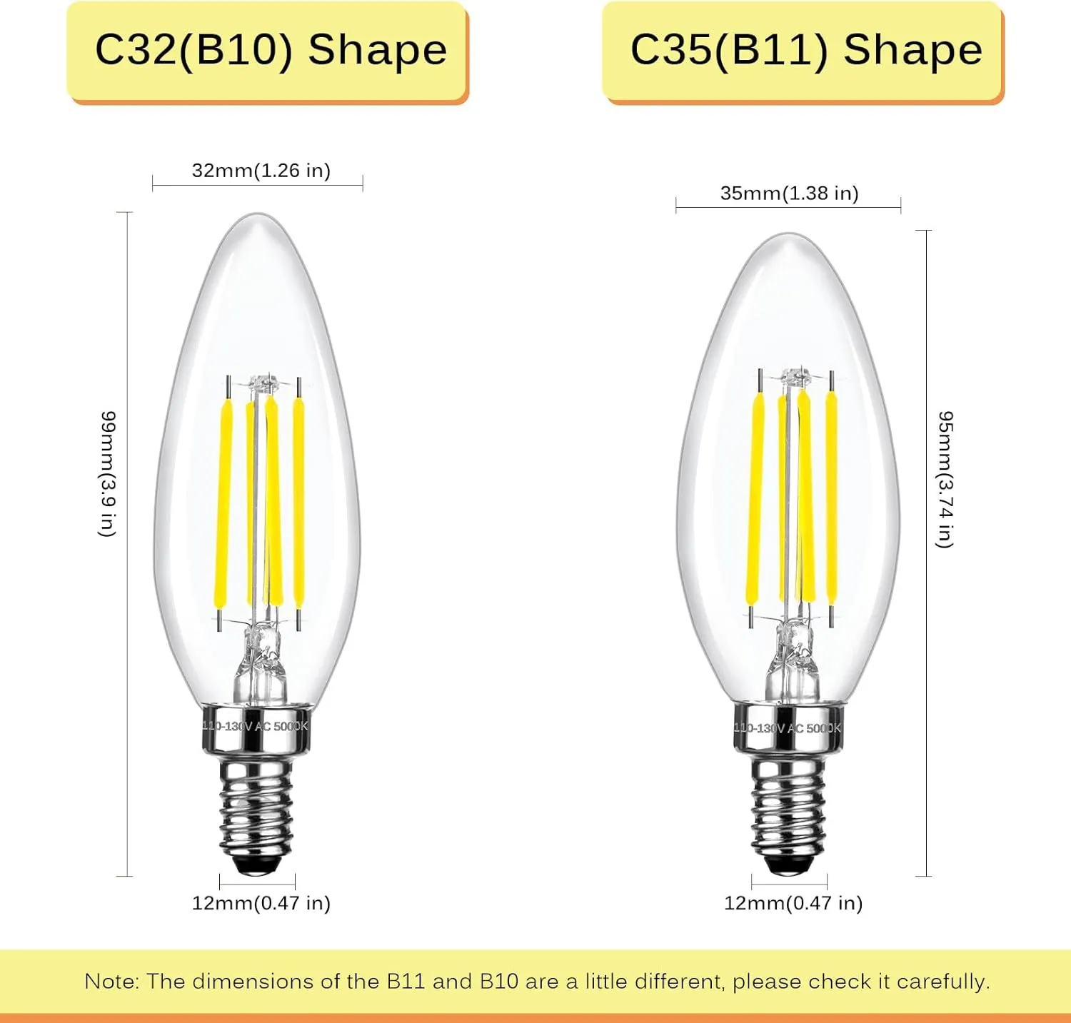 C35 Dimmable LED Candle Light Bulbs 40 Watt Equivalent, 5000K Daylight White, 470 Lumens, E12 4W B11 Ceiling Fan and Chandelier Light Bulbs, 12 Pack