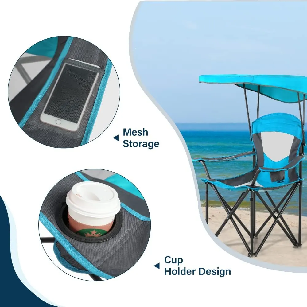 Camping Chairs with Shade, Heavy Duty Canopy Lounge Chair Sunshade Hiking Travel Chair with Cup Holder for Outdoor, Camping, Beach and Patio, Enamel Blue