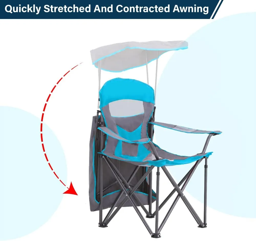 Camping Chairs with Shade, Heavy Duty Canopy Lounge Chair Sunshade Hiking Travel Chair with Cup Holder for Outdoor, Camping, Beach and Patio, Enamel Blue