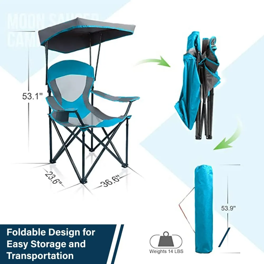 Camping Chairs with Shade, Heavy Duty Canopy Lounge Chair Sunshade Hiking Travel Chair with Cup Holder for Outdoor, Camping, Beach and Patio, Enamel Blue