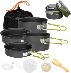 Camping Cooking Set, Aluminium Alloy Non-Stick Camping Pots and Pans with Handle, Portable Stackable Cookware with Mesh Bag for Outdoor Hiking Picnic #