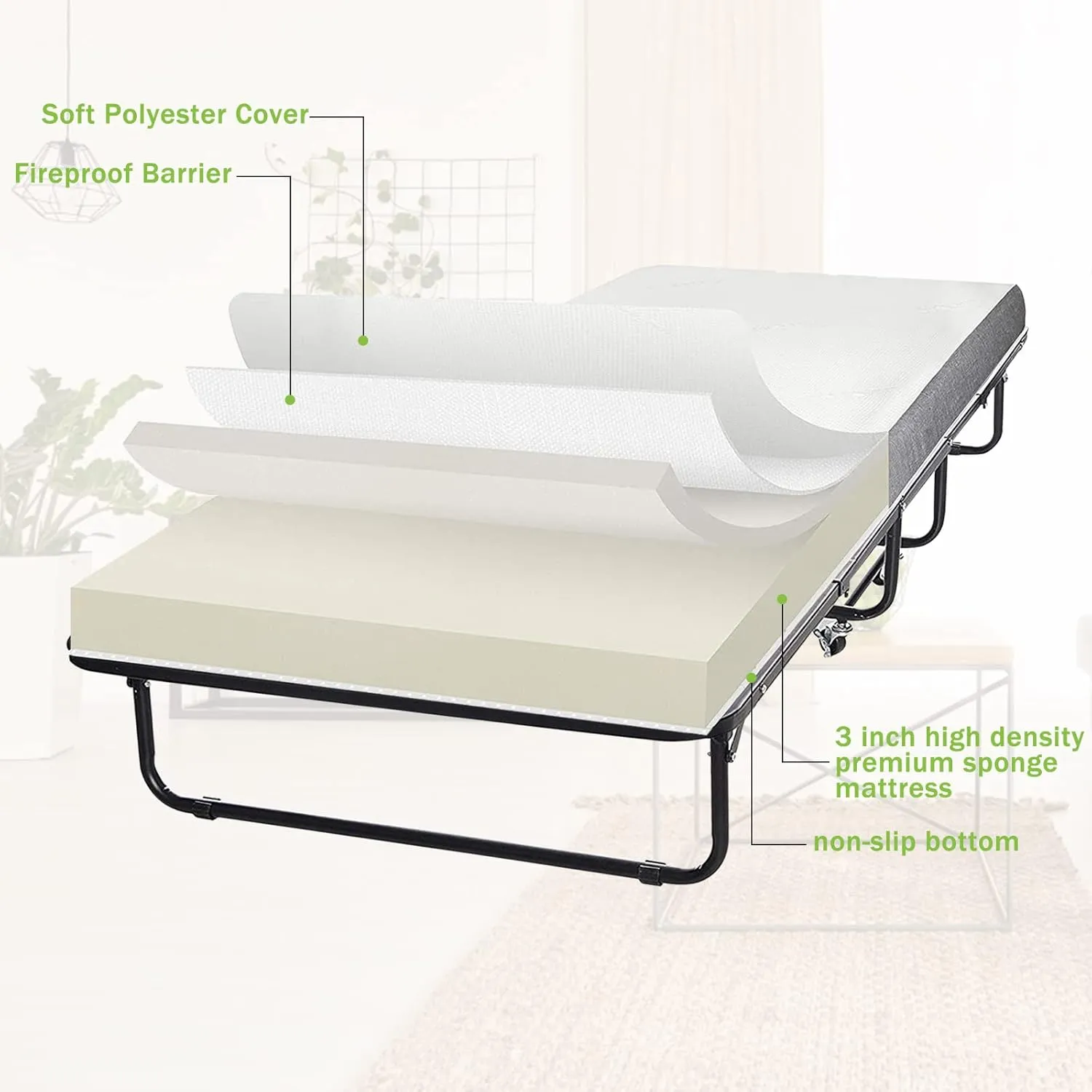 Camping Cot with Mattress for Adults，Folding Bed with Wheels，Portable Beds for Guests，Foldable Bed with Strong and Sturdy Metal Frame, Cots for Sleeping