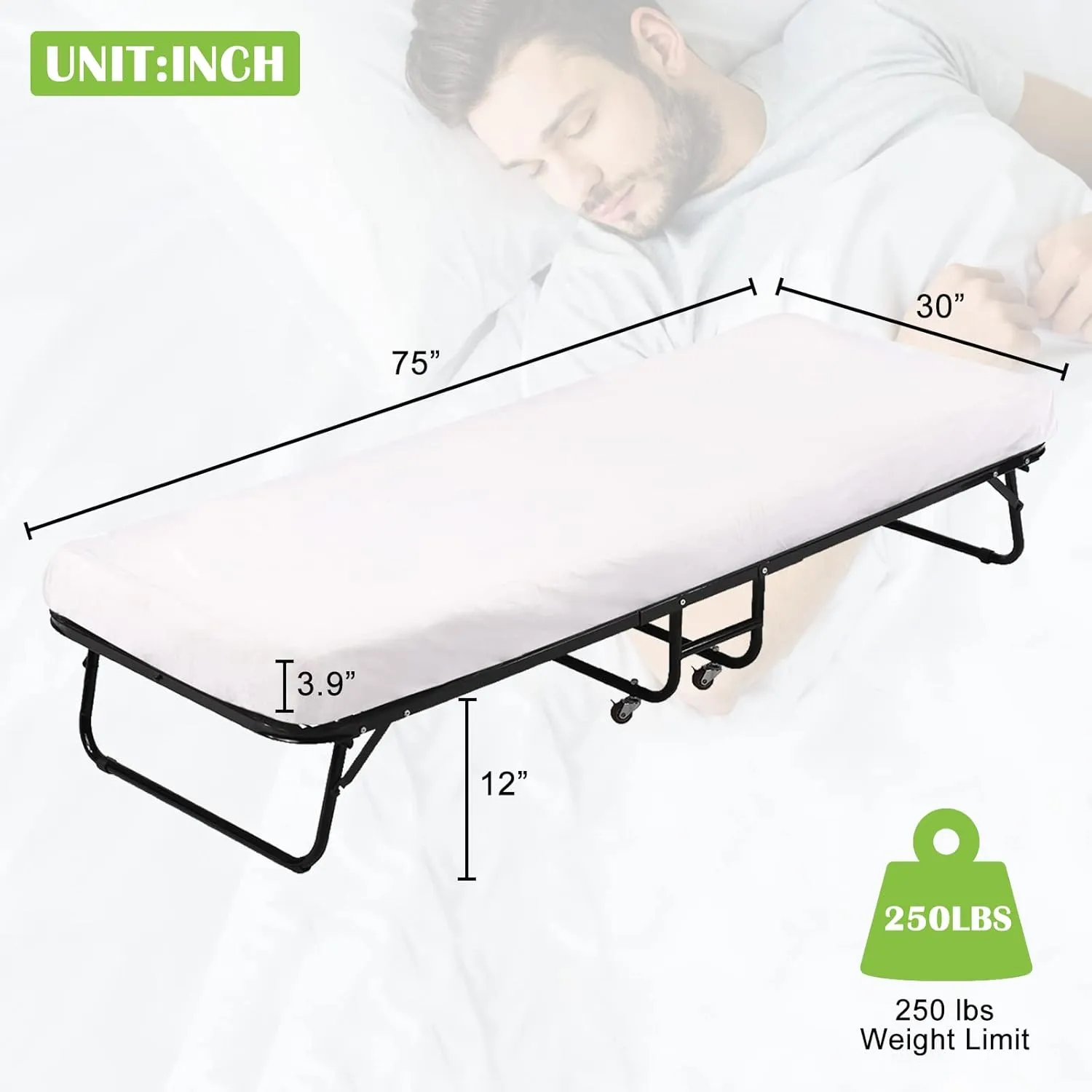 Camping Cot with Mattress for Adults，Folding Bed with Wheels，Portable Beds for Guests，Foldable Bed with Strong and Sturdy Metal Frame, Cots for Sleeping
